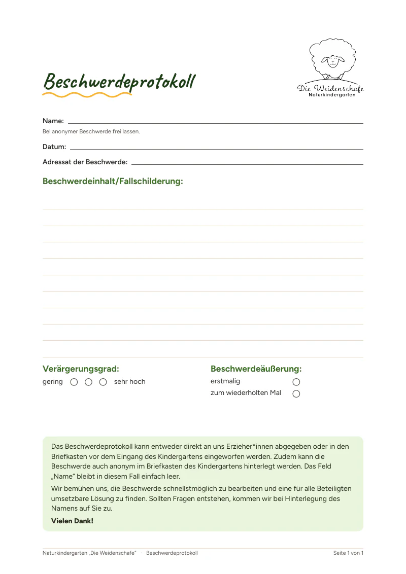 Erste Seite von Beschwerdeprotokoll