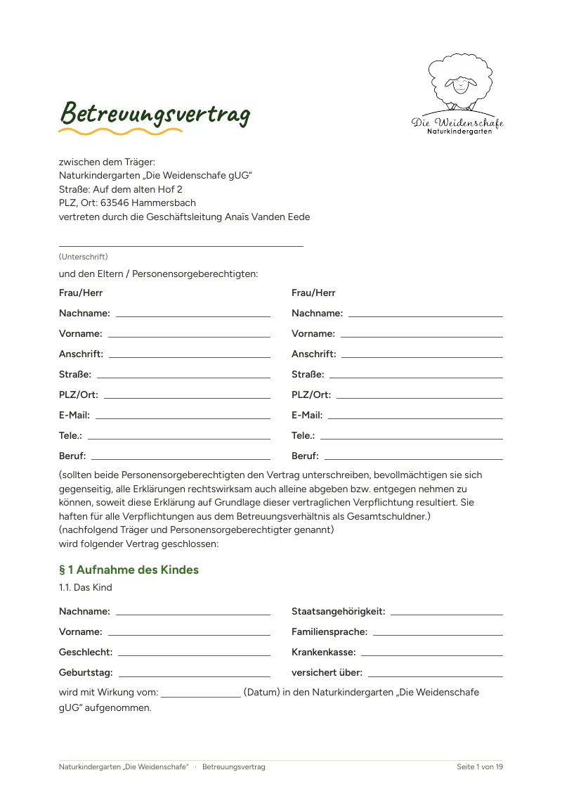 Erste Seite von Betreuungsvertrag